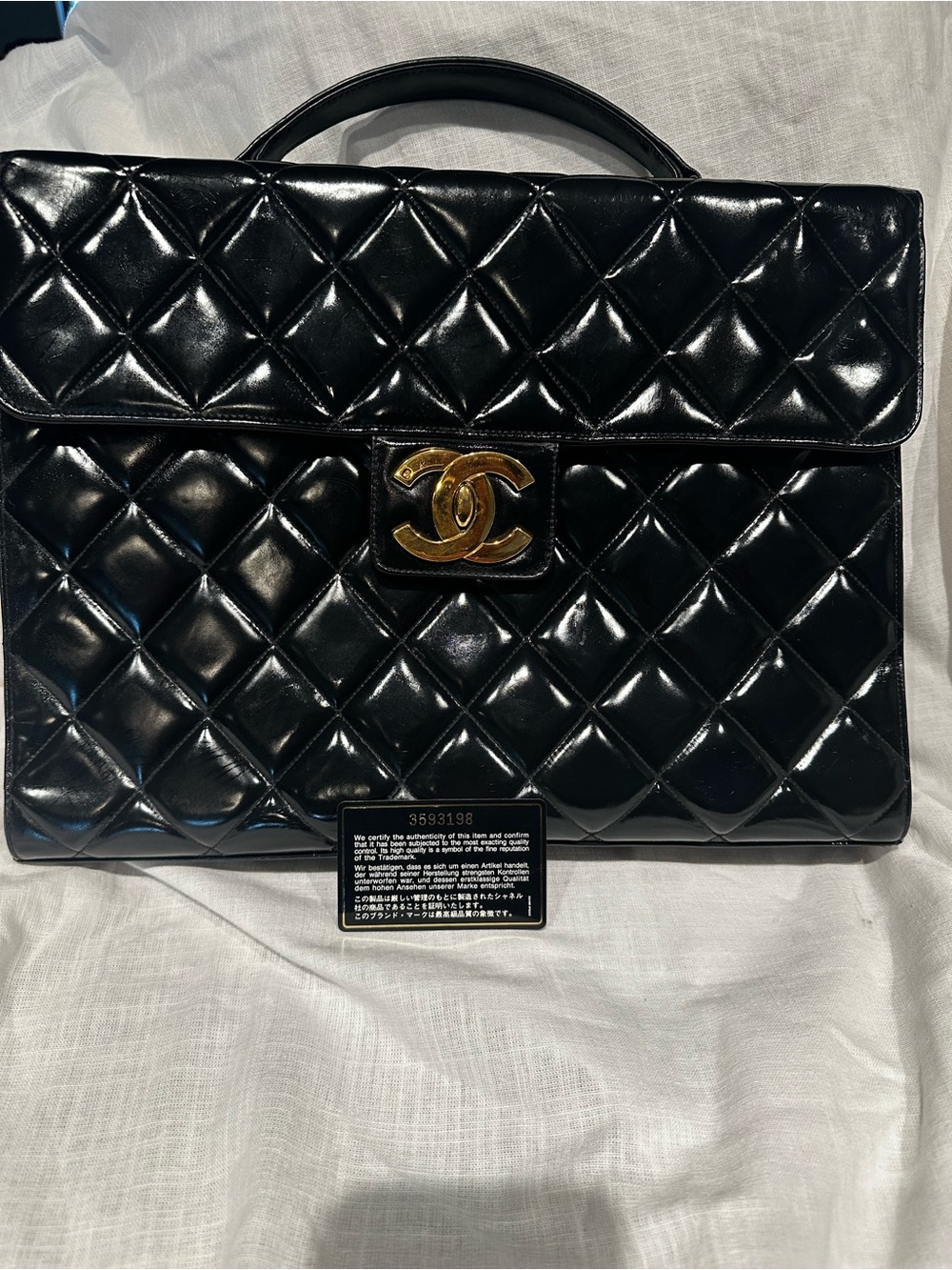 CHANEL Black Quilted Patent Top Handle Satchel with Gold CC - Picture 7 of 7